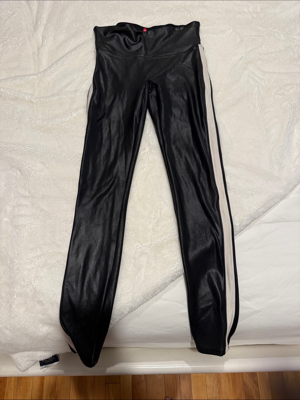 SPANX Black Faux-Leather Leggings with White Side Stripe